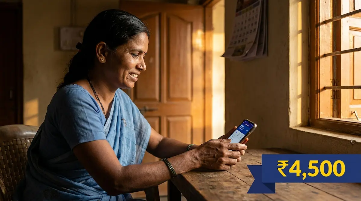 Maharashtra woman checking ₹4500 Ladki Bahin Yojana payment status on mobile